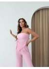 STRAPLEZ BÜZGÜLÜ BLUZ VE PANTOLONLU GOFRE İKİLİ TAKIM PEMBE