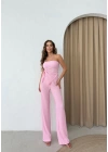 STRAPLEZ BÜZGÜLÜ BLUZ VE PANTOLONLU GOFRE İKİLİ TAKIM PEMBE