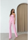 STRAPLEZ BÜZGÜLÜ BLUZ VE PANTOLONLU GOFRE İKİLİ TAKIM PEMBE