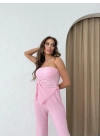 STRAPLEZ BÜZGÜLÜ BLUZ VE PANTOLONLU GOFRE İKİLİ TAKIM PEMBE