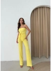 STRAPLEZ BÜZGÜLÜ BLUZ VE PANTOLONLU GOFRE İKİLİ TAKIM SARI
