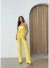 STRAPLEZ BÜZGÜLÜ BLUZ VE PANTOLONLU GOFRE İKİLİ TAKIM SARI