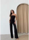 STRAPLEZ BÜZGÜLÜ BLUZ VE PANTOLONLU GOFRE İKİLİ TAKIM SİYAH