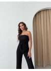 STRAPLEZ BÜZGÜLÜ BLUZ VE PANTOLONLU GOFRE İKİLİ TAKIM SİYAH