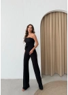 STRAPLEZ BÜZGÜLÜ BLUZ VE PANTOLONLU GOFRE İKİLİ TAKIM SİYAH