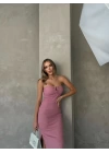 STRAPLEZ AKSESUAR DETAY GOFRE UZUN ELBİSE PEMBE