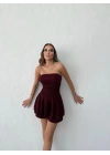 STRAPLEZ ŞORTLU SİMLİ ELBİSE BORDO