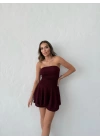 STRAPLEZ ŞORTLU SİMLİ ELBİSE BORDO