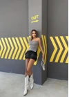 STRAPLEZ YAN YIRTMAÇLI CROP GRİ