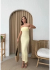 STRAPLEZ YIRTMAÇLI GOFRE KALEM ELBİSE SARI