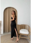 STRAPLEZ YIRTMAÇLI GOFRE KALEM ELBİSE SİYAH