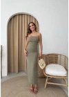 STRAPLEZ YIRTMAÇLI GOFRE KALEM ELBİSE HAKİ