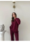 TAŞLI OVERSİZE SWEAT VE PANTOLONLU MODAL İKİLİ TAKIM BORDO