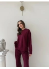 TAŞLI OVERSİZE SWEAT VE PANTOLONLU MODAL İKİLİ TAKIM BORDO