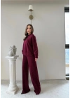 TAŞLI OVERSİZE SWEAT VE PANTOLONLU MODAL İKİLİ TAKIM BORDO