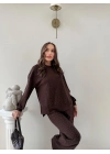 TAŞLI OVERSİZE SWEAT VE PANTOLONLU MODAL İKİLİ TAKIM KAHVE