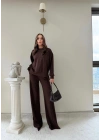 TAŞLI OVERSİZE SWEAT VE PANTOLONLU MODAL İKİLİ TAKIM KAHVE