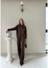 TAŞLI OVERSİZE SWEAT VE PANTOLONLU MODAL İKİLİ TAKIM KAHVE
