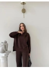 TAŞLI OVERSİZE SWEAT VE PANTOLONLU MODAL İKİLİ TAKIM KAHVE