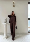 TAŞLI OVERSİZE SWEAT VE PANTOLONLU MODAL İKİLİ TAKIM KAHVE