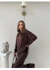 TAŞLI OVERSİZE SWEAT VE PANTOLONLU MODAL İKİLİ TAKIM KAHVE