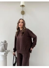 TAŞLI OVERSİZE SWEAT VE PANTOLONLU MODAL İKİLİ TAKIM KAHVE