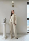 TAŞLI OVERSİZE SWEAT VE PANTOLONLU MODAL İKİLİ TAKIM KREM