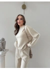 TAŞLI OVERSİZE SWEAT VE PANTOLONLU MODAL İKİLİ TAKIM KREM