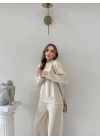 TAŞLI OVERSİZE SWEAT VE PANTOLONLU MODAL İKİLİ TAKIM KREM