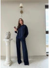 TAŞLI OVERSİZE SWEAT VE PANTOLONLU MODAL İKİLİ TAKIM LACİVERT
