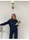 TAŞLI OVERSİZE SWEAT VE PANTOLONLU MODAL İKİLİ TAKIM LACİVERT