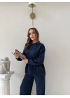 TAŞLI OVERSİZE SWEAT VE PANTOLONLU MODAL İKİLİ TAKIM LACİVERT