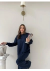 TAŞLI OVERSİZE SWEAT VE PANTOLONLU MODAL İKİLİ TAKIM LACİVERT