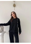 TAŞLI OVERSİZE SWEAT VE PANTOLONLU MODAL İKİLİ TAKIM SİYAH