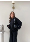TAŞLI OVERSİZE SWEAT VE PANTOLONLU MODAL İKİLİ TAKIM SİYAH