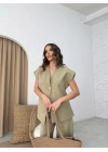 TEK DÜĞME DETAY YELEK VE PANTOLONLU İKİLİ TAKIM YEŞİL