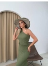 TEK OMUZ BLUZ VE ETEKLİ GOFRE İKİLİ TAKIM YEŞİL