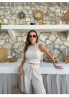 TERS DİKİŞ HALTER YAKA CROP VE PANTOLONLU İKİLİ TAKIM KREM