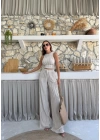 TERS DİKİŞ HALTER YAKA CROP VE PANTOLONLU İKİLİ TAKIM KREM