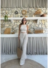 TERS DİKİŞ HALTER YAKA CROP VE PANTOLONLU İKİLİ TAKIM KREM