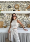 TERS DİKİŞ HALTER YAKA CROP VE PANTOLONLU İKİLİ TAKIM KREM