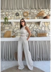 TERS DİKİŞ HALTER YAKA CROP VE PANTOLONLU İKİLİ TAKIM KREM
