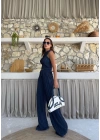 TERS DİKİŞ HALTER YAKA CROP VE PANTOLONLU İKİLİ TAKIM LACİVERT