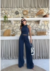 TERS DİKİŞ HALTER YAKA CROP VE PANTOLONLU İKİLİ TAKIM LACİVERT