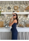 TERS DİKİŞ HALTER YAKA CROP VE PANTOLONLU İKİLİ TAKIM LACİVERT