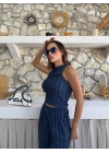 TERS DİKİŞ HALTER YAKA CROP VE PANTOLONLU İKİLİ TAKIM LACİVERT
