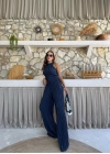 TERS DİKİŞ HALTER YAKA CROP VE PANTOLONLU İKİLİ TAKIM LACİVERT