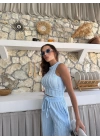 TERS DİKİŞ HALTER YAKA CROP VE PANTOLONLU İKİLİ TAKIM MAVİ