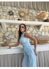 TERS DİKİŞ HALTER YAKA CROP VE PANTOLONLU İKİLİ TAKIM MAVİ