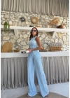 TERS DİKİŞ HALTER YAKA CROP VE PANTOLONLU İKİLİ TAKIM MAVİ